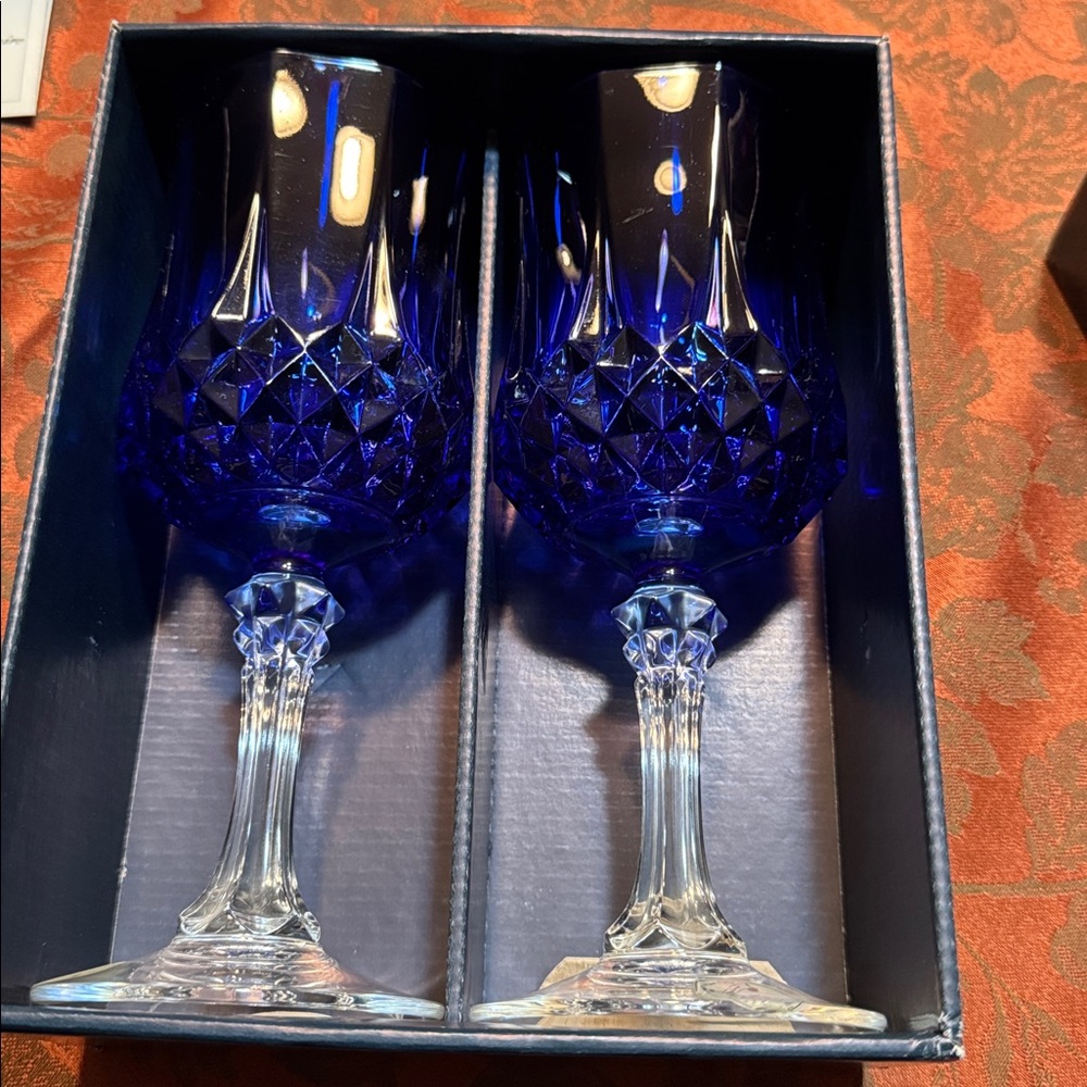 Longchamp 24% Lead Crystal 25th Anniversary Blue Crystal Wine Glass Set - Picture 7 of 11